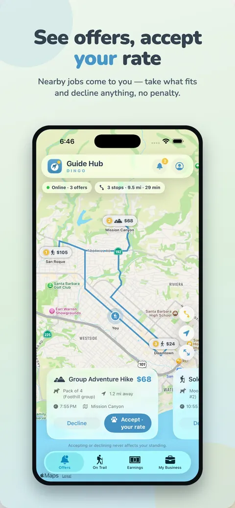 See offers, accept your rate — nearby jobs come to you, take what fits and decline anything, no penalty