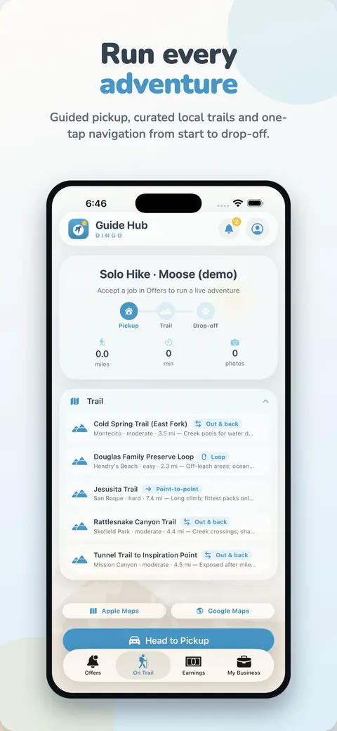 Run every adventure — guided pickup, curated local trails and one-tap navigation from start to drop-off