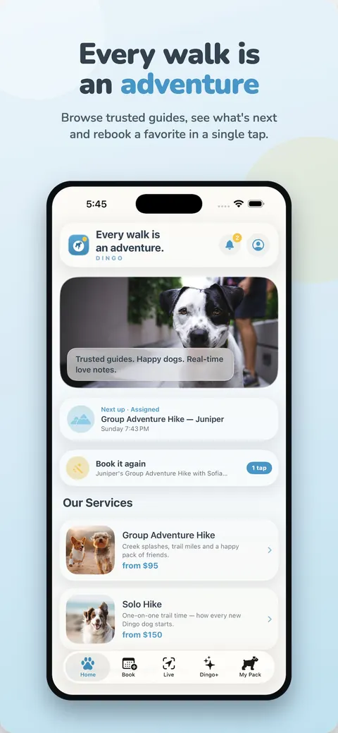 Every walk is an adventure — browse trusted guides, see what's next and rebook a favorite in a single tap