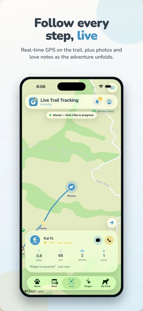 Follow every step, live — real-time GPS on the trail, plus photos and love notes as the adventure unfolds