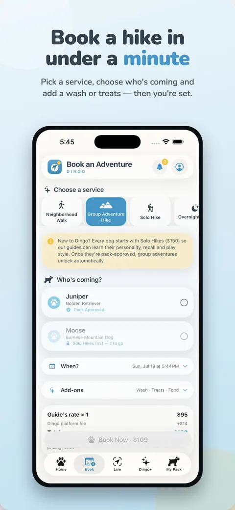 Book a hike in under a minute — pick a service, choose who's coming and add a wash or treats